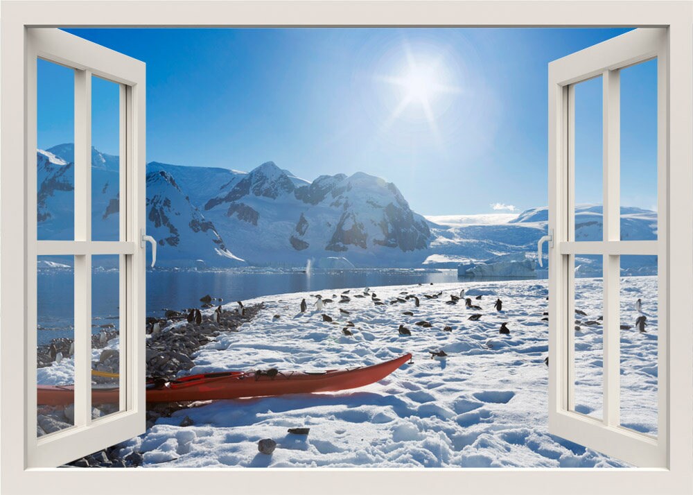 Autocollant mural Pingouins, Autocollant mural Neige, Autocollant mural Iceberg, Autocollant mural Montagnes Antarctique, Autocollant mural Fenêtre 3D, Autocollant mural Vue de fenêtre