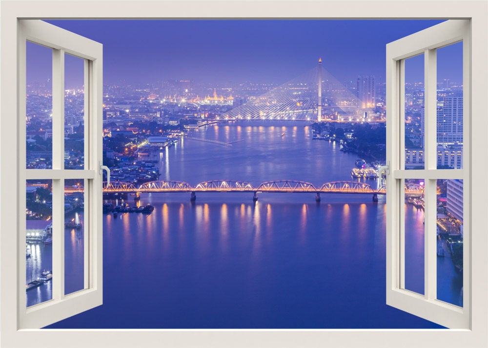 Bangkok Wall Decal, 3d Window Wall Decal Wall Sticker, Thailand Wall Mural, Window Frame Wall Decal, Window View Mural Home Decor