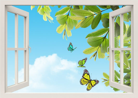 Butterflies Wall Decal, Butterflies Wall Sticker, Nature 3d Window Wall Decal Sticker, Window Frame Wall Decal, Window View Home Decor