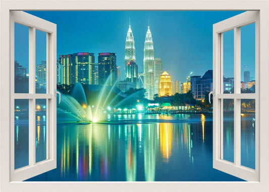 Malaysia Wall Decal, Modern City at Night Wall Decal, Night View Wall Decal, 3d Window Wall Decal,  City View Wall Sticker Decor