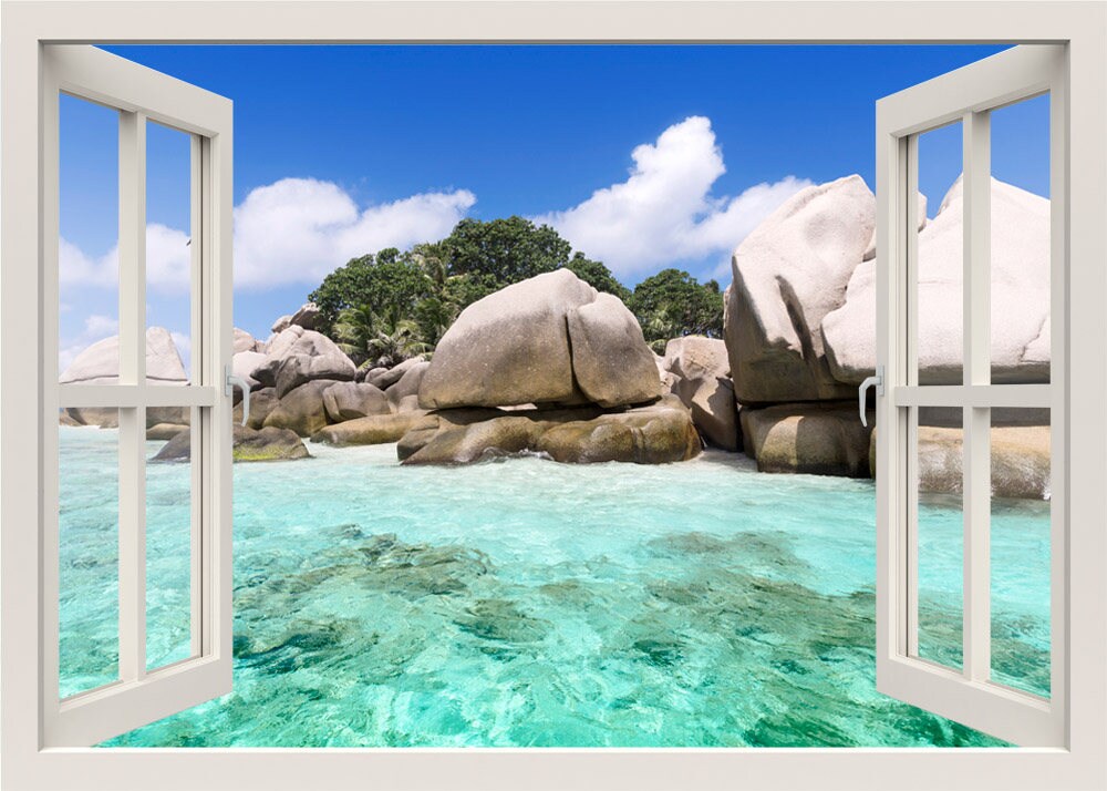 Autocollant mural Seychelles, autocollant mural Plage, autocollant mural Fenêtre 3D Tropiques, cadre de fenêtre avec vue, autocollant pour la maison avec vue sur la mer depuis la fenêtre, peinture murale