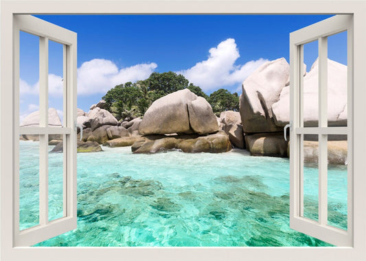 Seychelles Wall Decal, Beach Wall Decal, Tropics 3d Window Wall Decal, View Window Frame, Sea from Window View Home Decal, Wall Mural