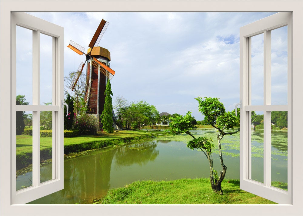 Windmill Wall Decal Sticker, Nature Wall Decal, Grass Wall Decal, 3d Window Wall Decal, Nature Wall Sticker, Nature Window View Frame