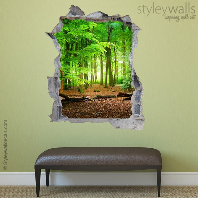 Forest Wall Decal, Woods Hole in the Wall 3d Effect Wall Sticker, Nature Wall Sticker, 3d Wall Decal, Broken Wall 3d Effect Mural Home Decor