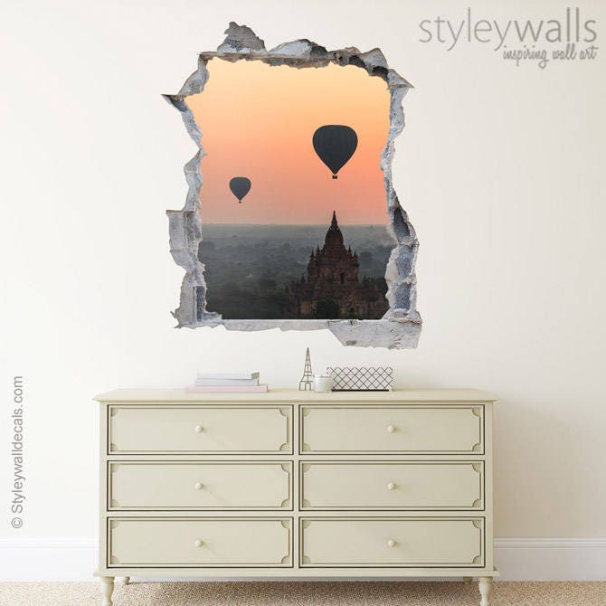 Hot Air Balloons Wall Decal, Thailand Decal, Hole in the Wall 3d Effect Wall Sticker, 3d Wall Decal, Broken Wall 3d Effect Mural Home Decor