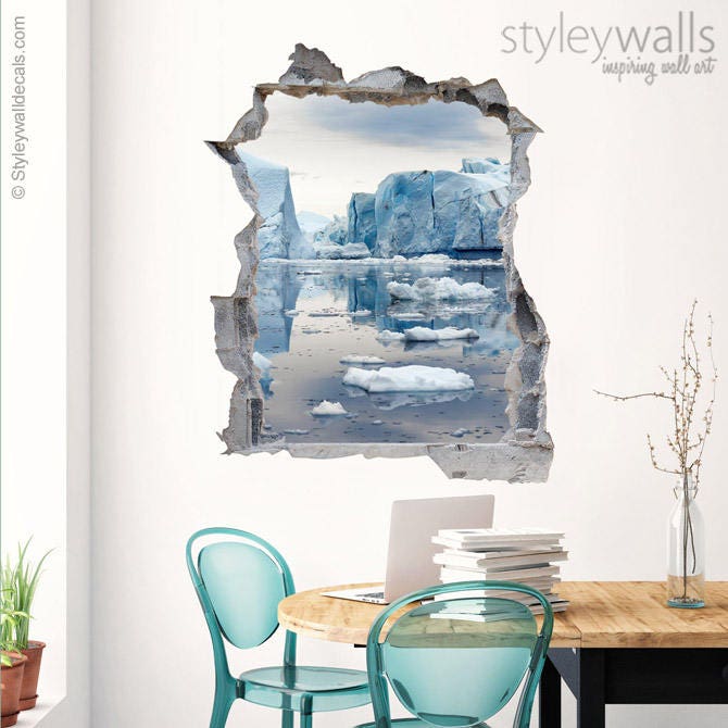 Iceberg Wall Decal Mural, Iceberg Mural, Hole in the Wall 3d Effect Wall Sticker, 3d Wall Decal, Broken Wall 3d Effect Mural Home Decor