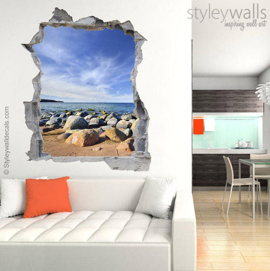 Rocks Wall Decal Mural, Sea Nature Mural, Hole in the Wall 3d Effect Wall Sticker, 3d Wall Decal, Broken Wall 3d Effect Mural Home Decor