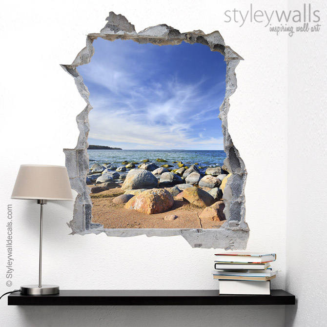 Rocks Wall Decal Mural, Sea Nature Mural, Hole in the Wall 3d Effect Wall Sticker, 3d Wall Decal, Broken Wall 3d Effect Mural Home Decor