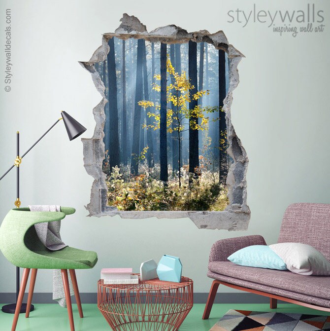 Forest Wall Decal Mural, Forest Trees Mural, Hole in the Wall 3d Effect Wall Sticker, 3d Wall Decal, Broken Wall 3d Effect Mural Home Decor