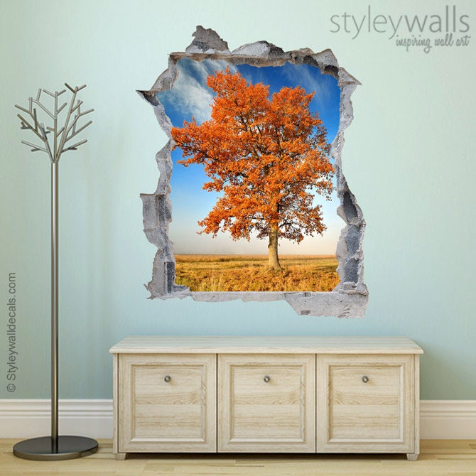 Tree Wall Decal Mural, Nature Autumn Mural, Hole in the Wall 3d Effect Wall Sticker, 3d Wall Decal, Broken Wall 3d Effect Mural Home Decor