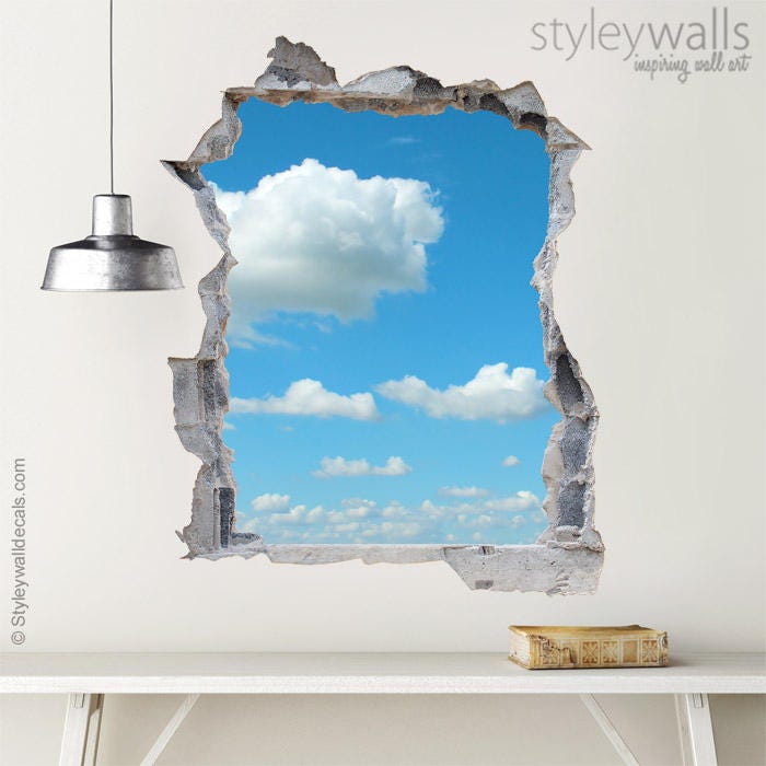 Clouds Wall Decal, Clouds in Sky Mural, Hole in the Wall 3d Effect Wall Sticker, 3d Wall Decal, Broken Wall 3d Effect Mural Home Decor