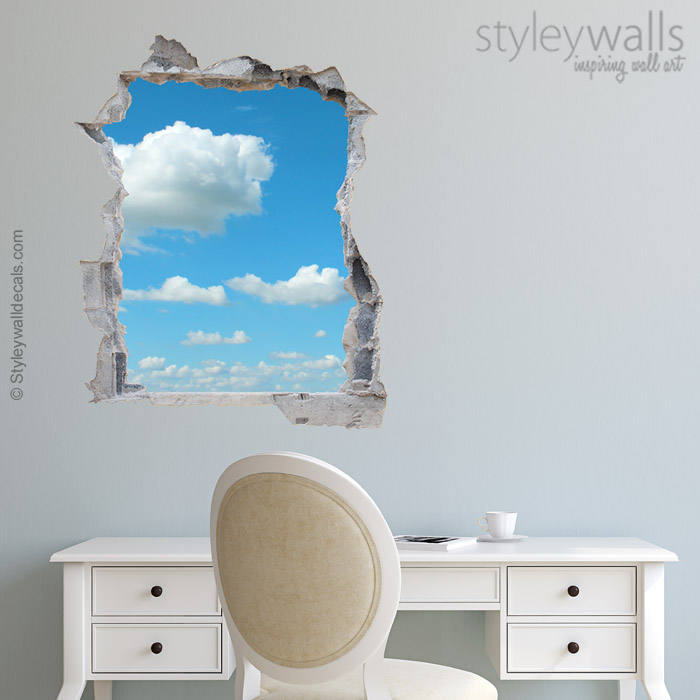 Clouds Wall Decal, Clouds in Sky Mural, Hole in the Wall 3d Effect Wall Sticker, 3d Wall Decal, Broken Wall 3d Effect Mural Home Decor