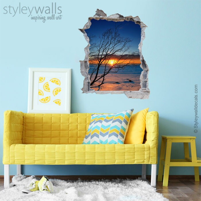 Sunset Wall Decal, Sunset Mural Wall Decor, Hole in the Wall 3d Effect Wall Sticker, 3d Wall Decal, Broken Wall 3d Effect Office Room Decor