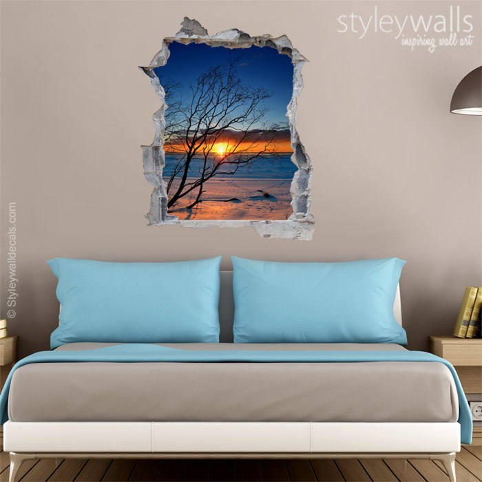 Sticker mural coucher de soleil, décoration murale coucher de soleil, autocollant mural effet 3D trou dans le mur, autocollant mural 3D, décoration de bureau effet 3D mur cassé