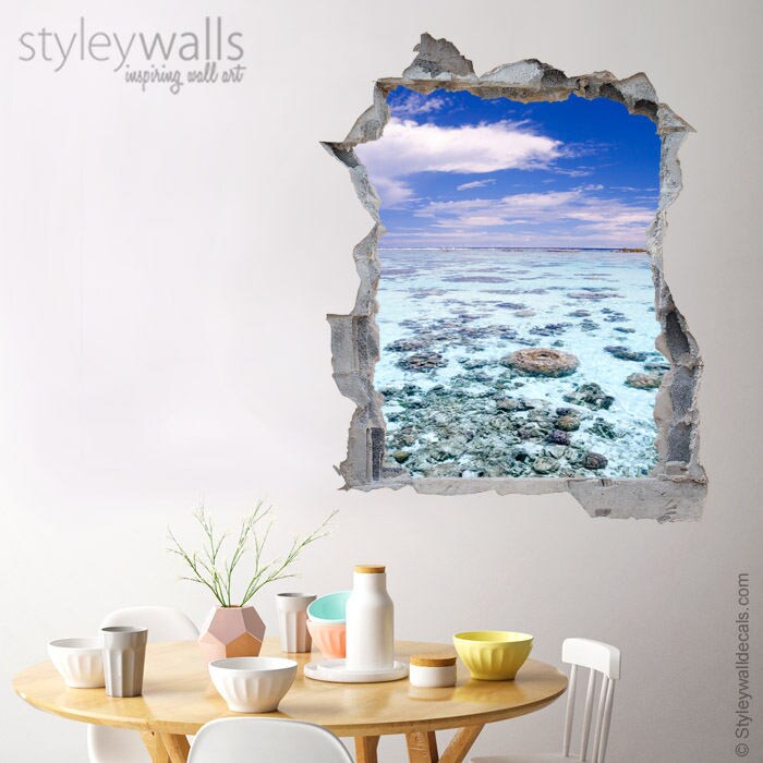 Sticker mural avec vue sur la mer, décoration murale avec rochers, autocollant mural effet 3D avec trou dans le mur, autocollant mural 3D, décoration de bureau à effet 3D pour mur cassé