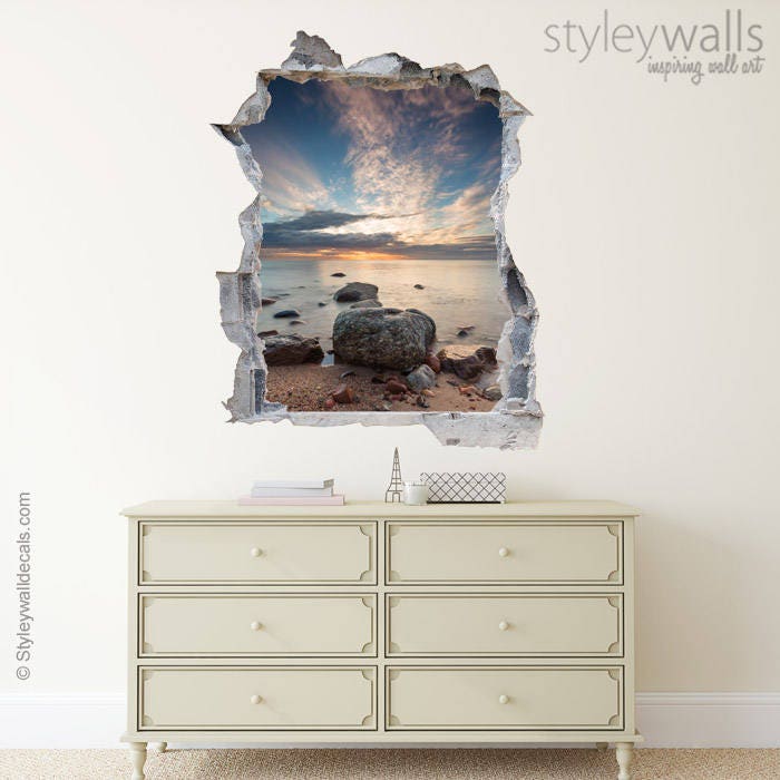 Hole in the Wall 3d Effect Wall Sticker, Sea View Wall Decal, Rocks Wall Decor Mural, 3d Wall Decal, 3d Effect Office Living Room Decor