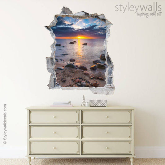 Sticker mural effet 3D trou dans le mur, autocollant mural vue sur la mer, peinture murale vue sur la mer au coucher du soleil, autocollant mural 3D, décoration de chambre à coucher à effet 3D