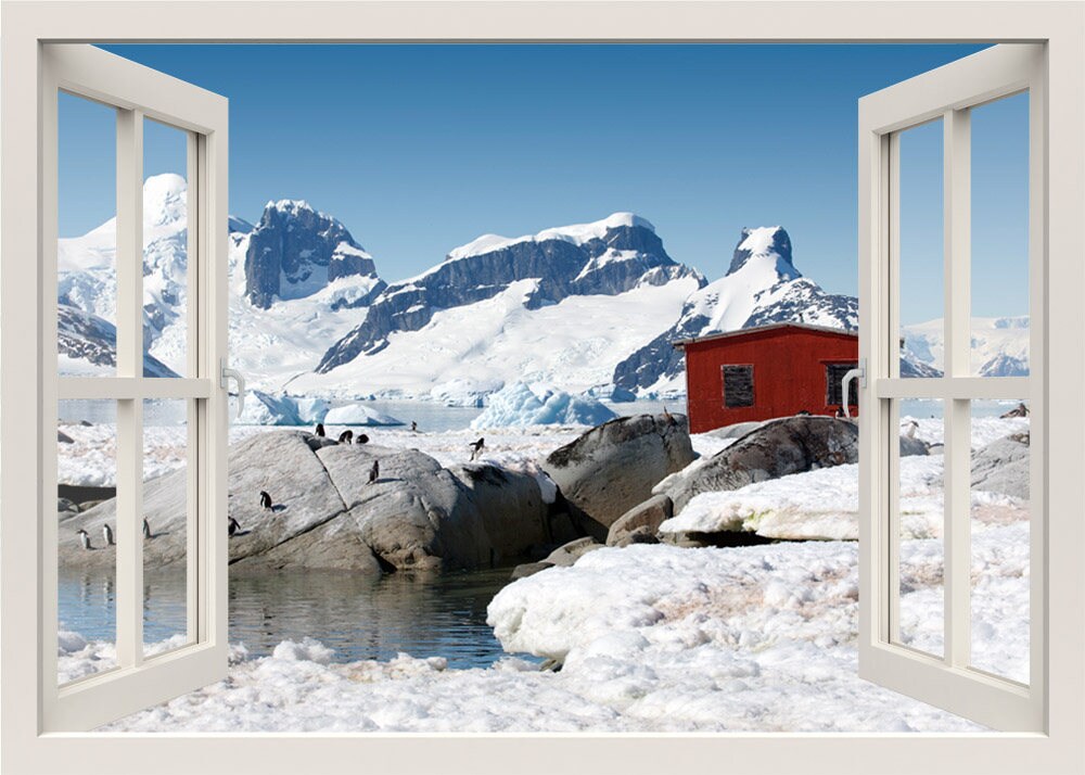 Autocollant mural Antarctique, autocollant mural Iceberg, autocollant mural Pingouins, autocollant mural Montagnes enneigées, autocollant mural Fenêtre 3D, autocollant mural Vue de la fenêtre