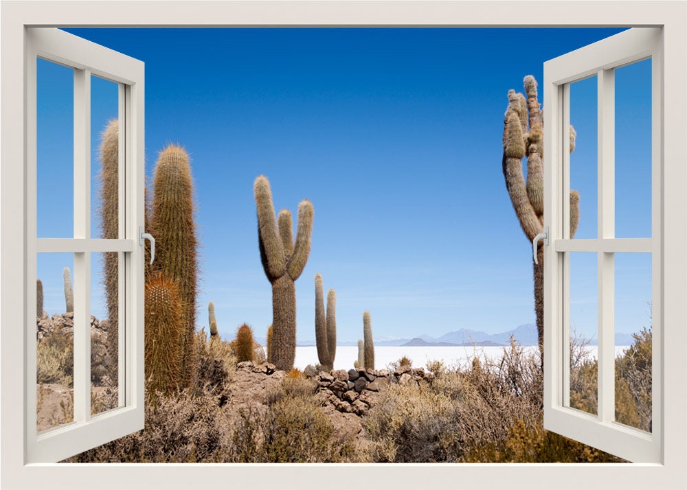 Cactus Wall Sticker, Nature Desert Mural, Cactus Wall Decal, 3d Window View Wall Decal, Window Frame Wall Decal, Window View Home Decor