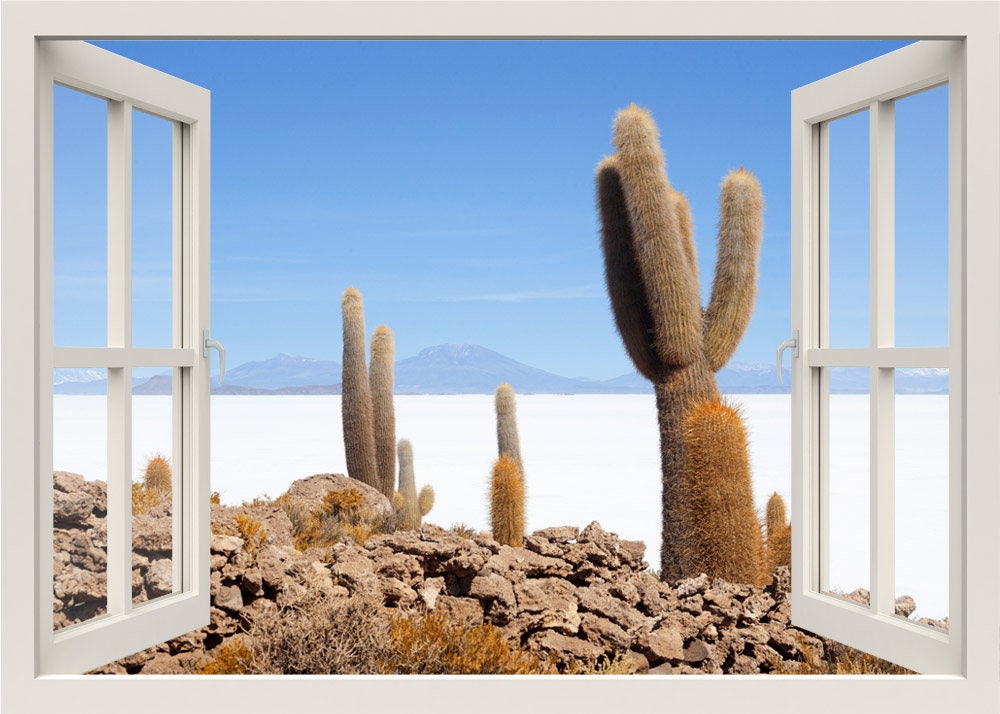 Desert Cactus Wall Decal, Cactus Wall Sticker, Desert Nature Wall Sticker Mural, 3d Window Wall Decal Sticker, Window View Frame Wall Decal,