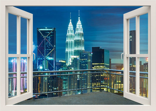 Modern City at Night Wall Decal, Kuala Lumpur Night View Wall Decal, 3d Window Wall Decal,  City View Wall Sticker Decor