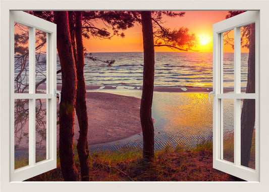 Autocollant mural coucher de soleil, autocollant mural plage, autocollant mural fenêtre 3D, cadre de fenêtre avec vue sur le coucher de soleil, autocollant pour la maison avec vue sur le coucher de soleil depuis la fenêtre, peinture murale