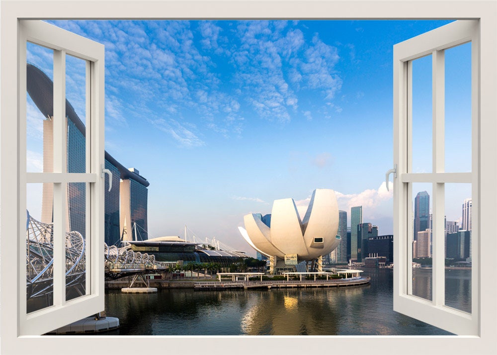 Singapore Wall Decal, Singapore Modern City Wall Decal, 3d Window Wall Decal, View Window Frame,  Window View Home Decal, Wall Mural