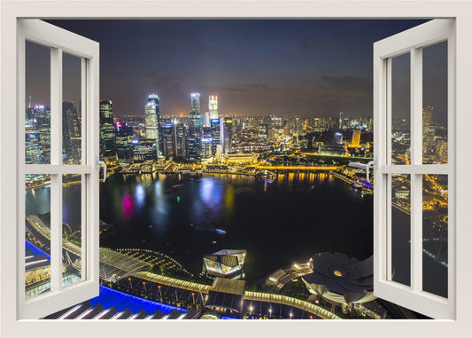 Singapore Wall Decal, Singapore at Night Wall Decal, Modern City Wall Decal Mural, 3d Window Wall Decal, Night View Wall Mural, Window Frame