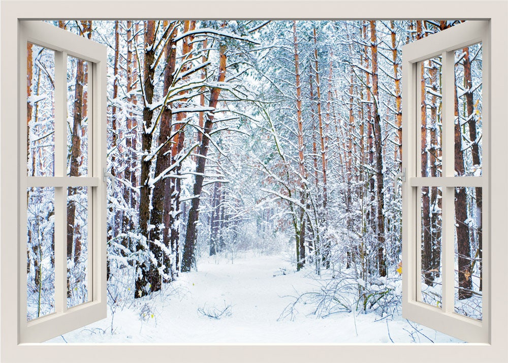 Snow Wall Decal, Winter Wall Decal, Snowy Pathway Wall Decal, Forest Trees Wall Decal Sticker, 3d Window Wall Decal, View Window Frame