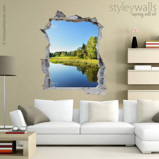 Sticker mural lac, Sticker mural nature, Sticker mural effet 3D trou dans le mur, Sticker mural 3D, Sticker effet mur cassé, Peinture murale