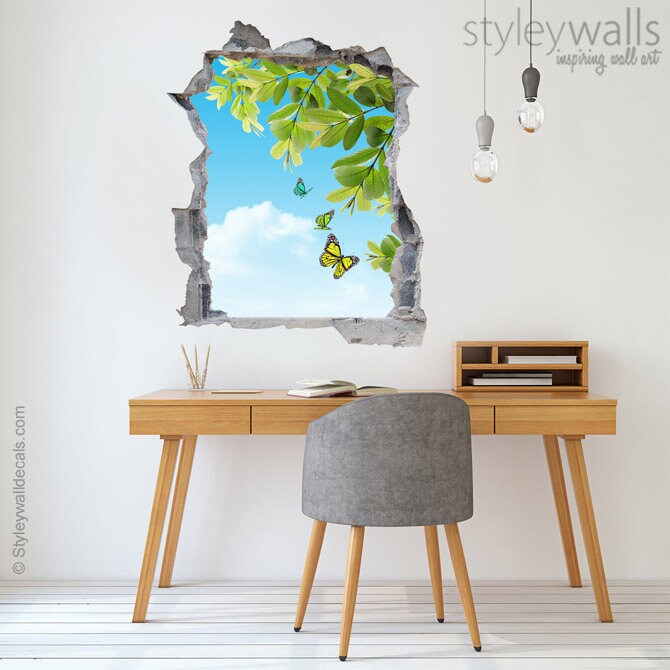 Butterflies Wall Decal, Nature Wall Sticker, Hole in the Wall 3d Effect Wall Sticker, 3d Wall Decal, Broken Wall 3d Effect Wall Mural