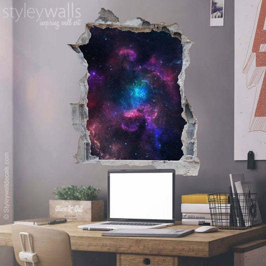 Autocollant mural espace, autocollant mural galaxie, autocollant mural effet 3D trou dans le mur, autocollant mural 3D, décoration murale effet 3D mur cassé