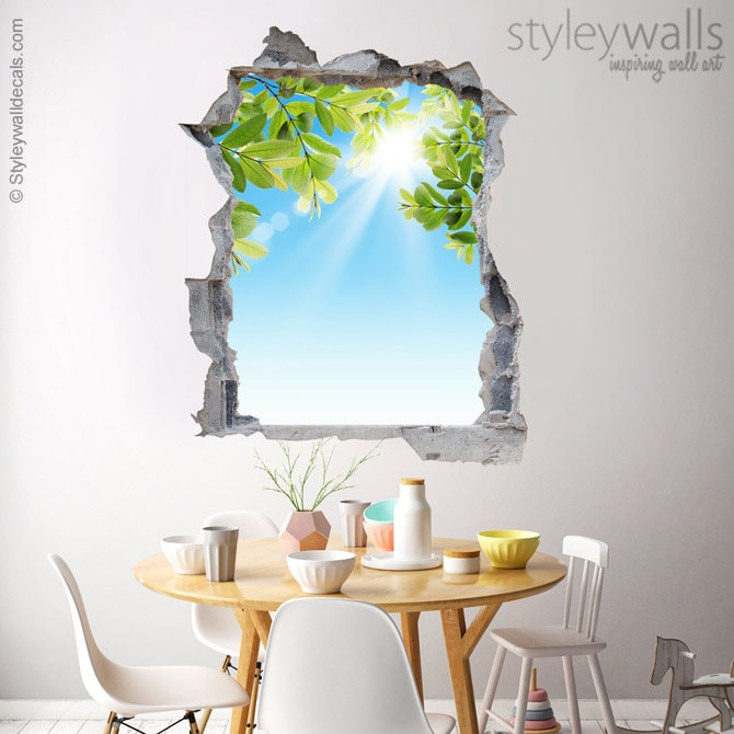 Autocollant mural soleil, autocollant mural nature, autocollant mural effet 3D trou dans le mur, autocollant mural 3D, décoration murale effet 3D mur cassé