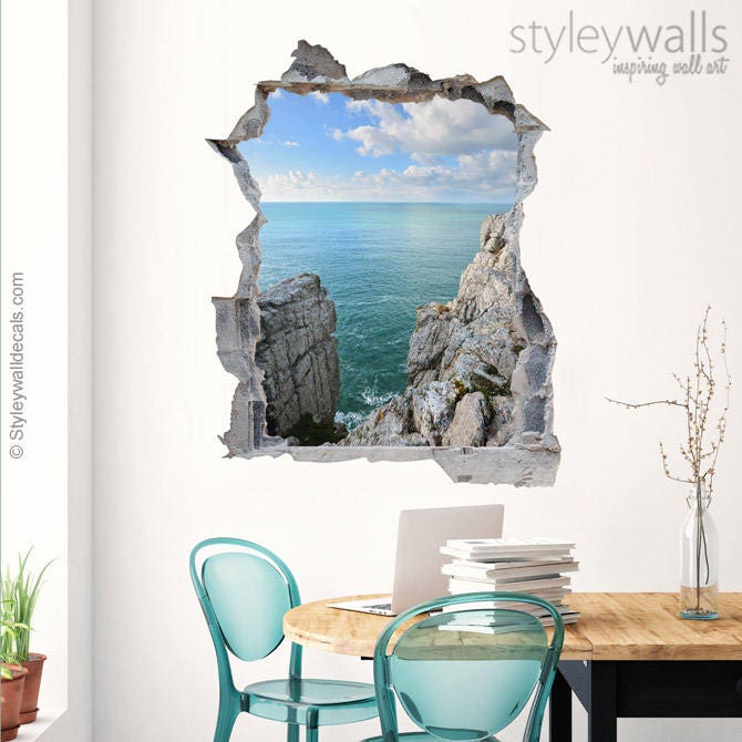 Rocks Wall Decal,  Sea View Wall Decal, Hole in the Wall 3d Effect Wall Sticker, 3d Wall Decal, Broken Wall 3d Effect Mural Home Decor