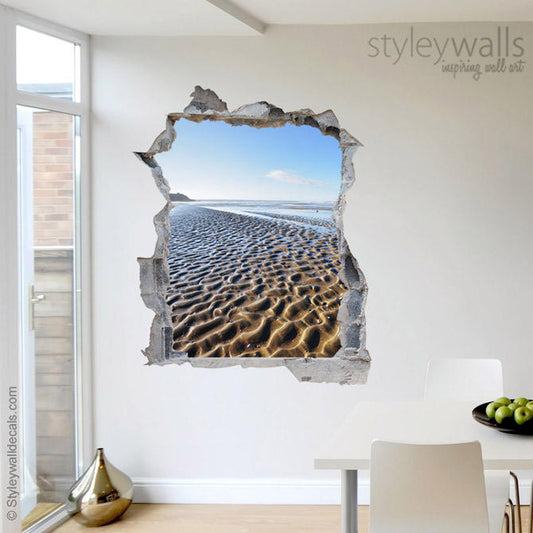 Sticker mural avec vue sur la mer, autocollant mural effet 3D avec trou dans le mur, autocollant mural 3D, décoration murale avec sable, décoration murale effet 3D avec mur cassé pour la maison