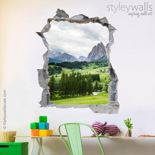 Mountains Wall Decal, Nature Wall Sticker, Hole in the Wall 3d Effect Wall Sticker, 3d Wall Decal, Mountains Wall Mural Home Decor