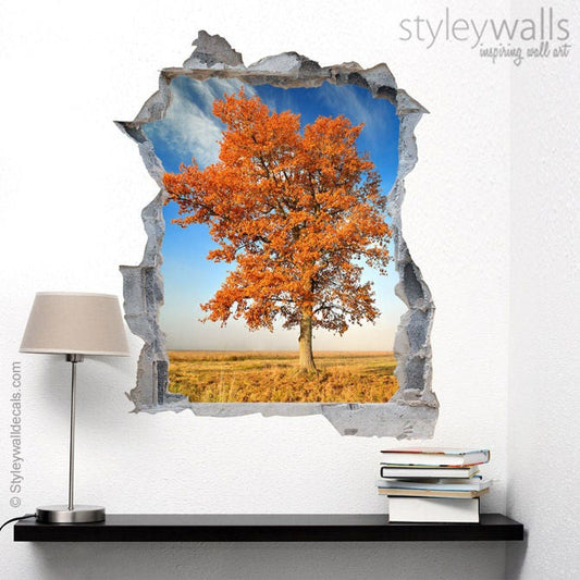 Sticker mural arbre, peinture murale nature automne, trou dans le mur effet 3D autocollant mural, autocollant mural 3D, mur cassé effet 3D décoration murale pour la maison