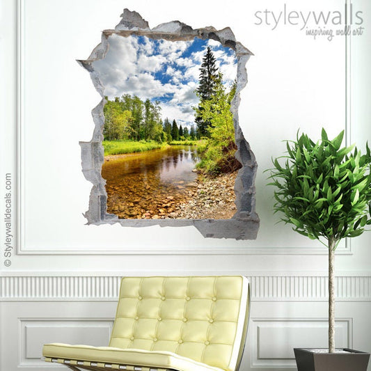 River Wall Decal Mural, River Nature Mural, Hole in the Wall 3d Effect Wall Sticker, 3d Wall Decal, Broken Wall 3d Effect Mural Home Decor