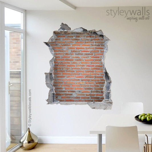 Bricks Wall Decal, Stones Bricks Mural, Hole in the Wall 3d Effect Wall Sticker, 3d Wall Decal, Broken Wall 3d Effect Mural Home Decor