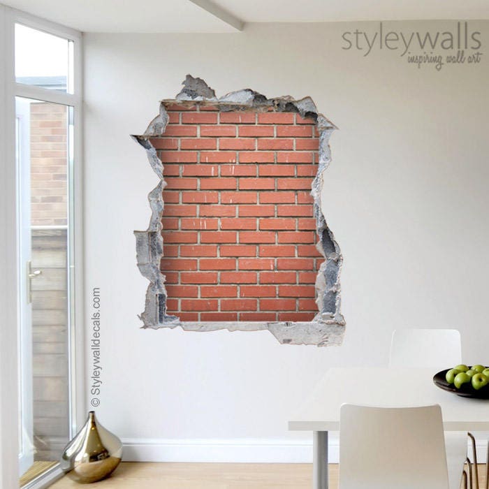 Red Bricks Wall Decal, Bricks Mural, Hole in the Wall 3d Effect Wall Sticker, 3d Wall Decal Stones Broken Wall 3d Effect Mural Home Decor