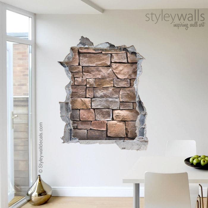 Stones Wall Decal, Bricks Wall Sticker Mural, Hole in the Wall 3d Effect Wall Sticker, 3d Wall Decal, Broken Wall 3d Effect Mural Home Decor