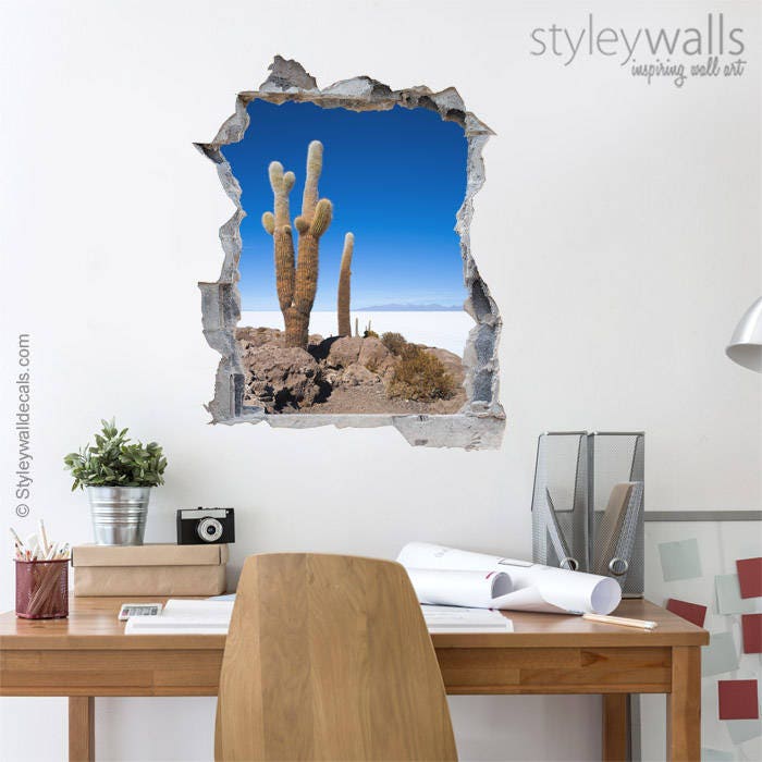 Sticker mural cactus, sticker mural désert, autocollant mural effet 3D trou dans le mur, sticker mural 3D, décoration murale effet 3D mur cassé