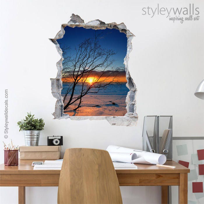 Sticker mural coucher de soleil, décoration murale coucher de soleil, autocollant mural effet 3D trou dans le mur, autocollant mural 3D, décoration de bureau effet 3D mur cassé