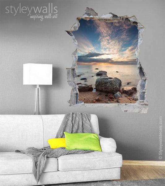 Hole in the Wall 3d Effect Wall Sticker, Sea View Wall Decal, Rocks Wall Decor Mural, 3d Wall Decal, 3d Effect Office Living Room Decor