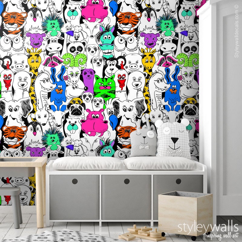 Animals Wallpaper, Kids Room Wallpaper, Pop Art Style Repositionable Removable Fabric Wallpaper, Peel and Stick, Self Adhesive