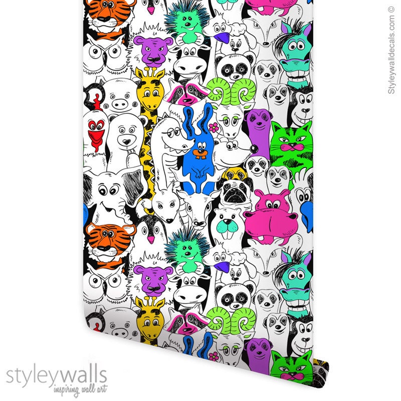 Animals Wallpaper, Kids Room Wallpaper, Pop Art Style Repositionable Removable Fabric Wallpaper, Peel and Stick, Self Adhesive