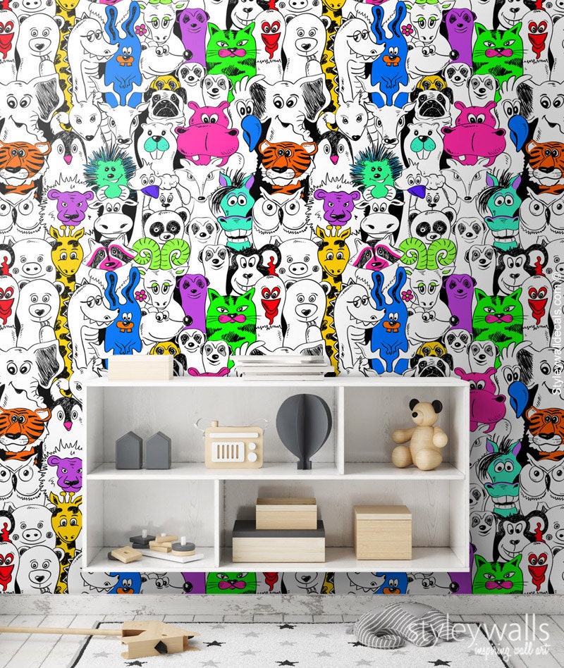 Animals Wallpaper, Kids Room Wallpaper, Pop Art Style Repositionable Removable Fabric Wallpaper, Peel and Stick, Self Adhesive