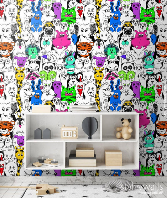 Animals Wallpaper, Kids Room Wallpaper, Pop Art Style Repositionable Removable Fabric Wallpaper, Peel and Stick, Self Adhesive