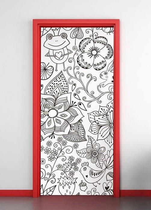 Peinture murale florale pour porte, peinture murale pour porte à fleurs, autocollant mural floral, décoration de porte à fleurs, décoration de porte florale dessinée à la main, couverture de porte pour enfants