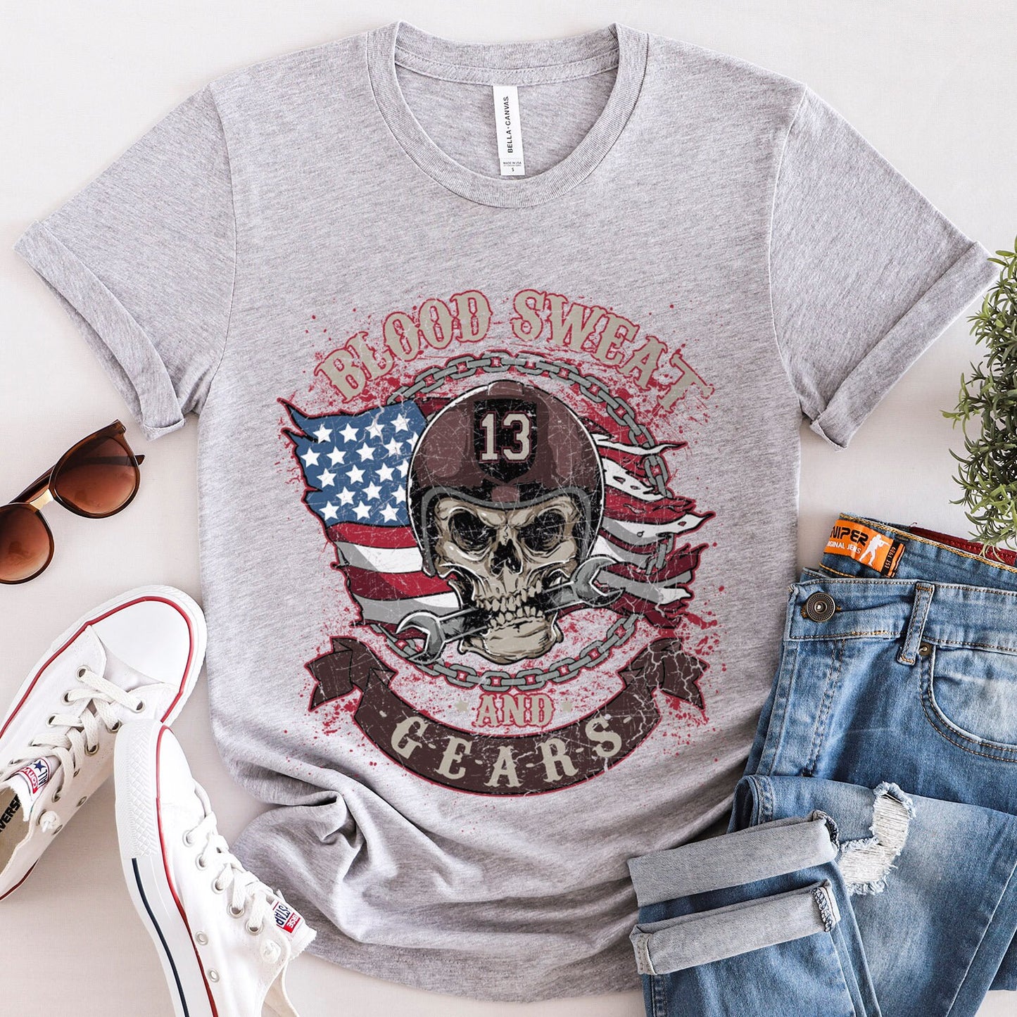 T-shirt Blood Sweat and Gear, T-shirt Skull, T-shirt moto, T-shirt motard, T-shirt pilote, cadeaux moto, cadeau pour lui